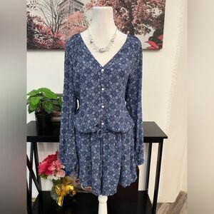 GAP Women Romper Size M Drawstring Waist Button Front Long Sleeve Paisley V Neck